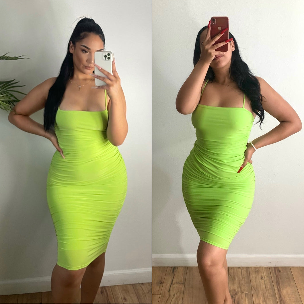 Kiwi-Lime Ruched Midi Dress